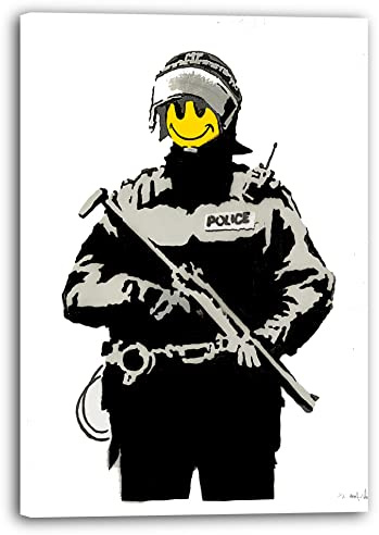 Printistico Leinwandbild Banksy Polizei - Police Smiley - Modern Street-Art - Moderner Kunstdruck Klein bis Groß XXL - Geschenk Wohnzimmer, Schlafzimmer