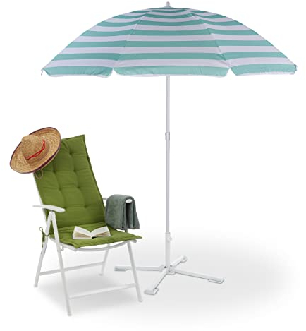 Relaxdays Sonnenschirm, Ø 160 cm, höhenverstellbar, knickbar, Strandschirm mit Tasche, Polyester, Stahl, weiß/türkis
