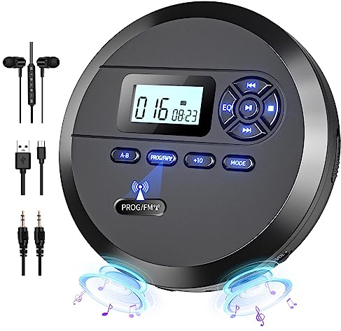 DESOBRY CD Player Portable with Speakers & FM Transmitter, Rechargeable Compact CD Player for Car Built-in 2000mAh, Portable Player with LCD Screen, Earphones, AUX Cord