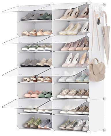 SONGMICS Shoe Rack Organizer, 8-Tier Shoe Storage Cabinet for Closet and Entryway, Holds 32 Pairs of Shoes, Adjustable, Cloud White and Trasparent ULPC034W01