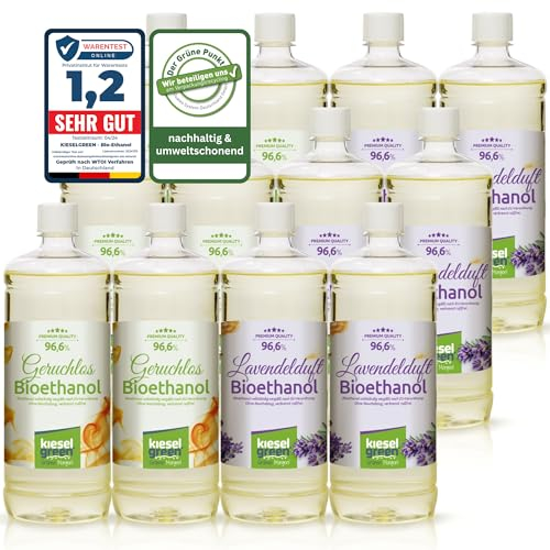 KieselGreen Bioethanolo 12 x 1 litro Set (6x Inodore + 6x con Fraganza) per Caminetto a Etanolo – Bio-etanolo profumato per Ambienti - Profumo per Caminetto a bioetanolo da Interno o da Tavolo