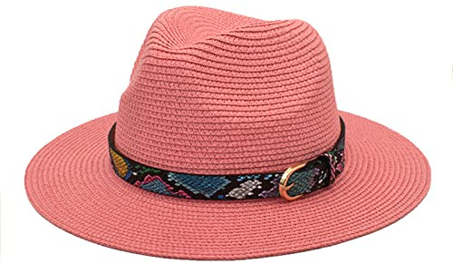 PAIDAXING Damen Sommerhut Unisex-Retro-Western-Cowboy-Reithut für Erwachsene, Ledergürtel, breite Kappe, Strohhut Cap Bedrucken (Pink, One Size)