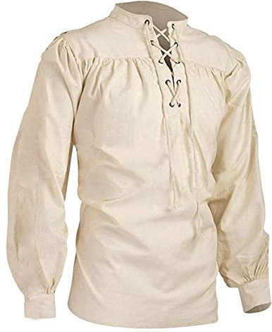Steampunk Chemise médiévale à volants pour homme - En lin - Manches longues - Avec lacets - Col montant - Gothique Steampunk - Col en V - Couleur unie, beige, XXXXXL