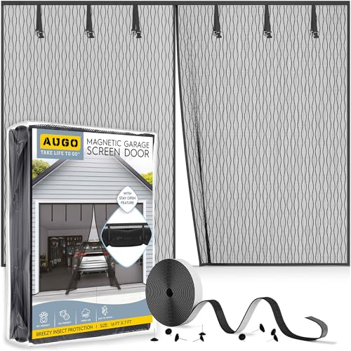 AUGO Garage Door Screen - Magnetic Closure - 2 Car Garage Pull Down - Magnetic Screen Door Mesh - Heavy Duty Weighted Bottom - Pet & Kid Friendly - Keep Open Feature - 16' x 7'