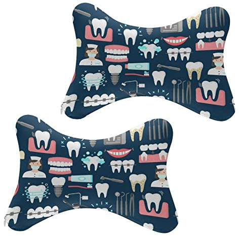 Supdreamc 2Pcs Teeth Dental Dentist Art Car Seat Neck Pillow Ergonomic Design, Comfortable Soft Memory Foam Car Seat Neck Rest Cushion Pillow for Driving Travel Car