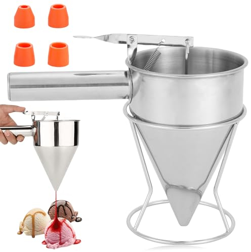 Pfannkuchen-Teigspender 1.2L Edelstahl Teigportionierer mit Ständer, Trichter-Kuchenspender mit 4 Trichtern, Kolbentrichter Batter Trichter Backtrichter Kochwerkzeuge für Home Bäckerei