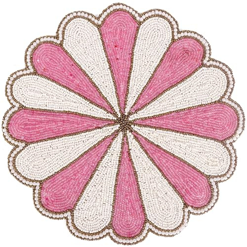 Decorative Beaded Table Mat - 13-Inch Placemat for Dining & Coffee Tables - Handcrafted Beaded Charger Plate - Elegant Place Mat for Dinner Parties & Home Décor (Pink White) - ALPHA Living HOME