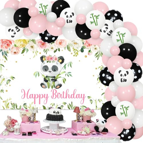 Sursurprise Pink Panda Birthday Decor Kit: Backdrop, Balloon Garland Arch