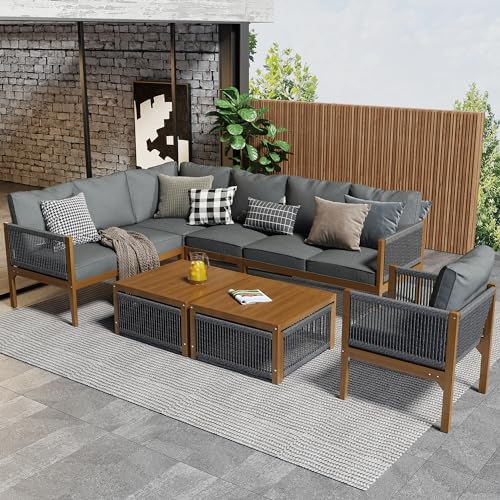 Merax Gartenmöbel Set 7-8 Personen, Outdoor Balkonmöbel mit 2 Couchtische, Terrassenmöbel aus Akazienholz, für Balkon Terrasse, Gartenlounge Set, Handgewebtes Seildesign, Natürlich und Grau