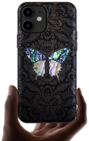 Carveit Etui pour iPhone 11 Coque [Bois et Incrustation de Coquille] Souple TPU de Téléphone Compatible avec Apple 11 Étui (Bois Sombre-Papillon Baroque)