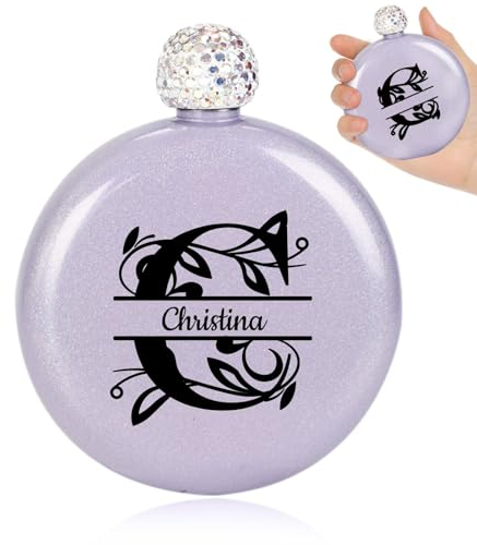 Flasques personnalisées pour femmes,Flasques en acier inoxydable à nom personnalisable,Bouteille à whisky portable avec bouchon pailleté,Convient aux voyages pour le barbecue (violet)