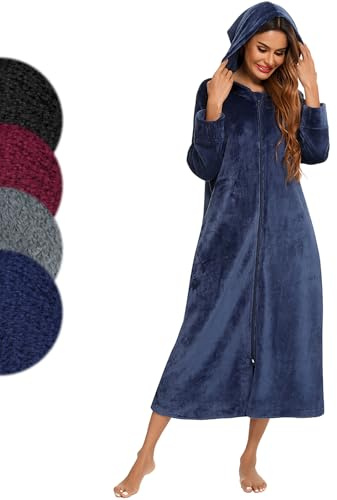 Minicoco Ladies Dressing Gown Fleece Zip Through Robe Fluffy Super Soft Hooded Bathrobe Ladies Thick Flannel Housecoat Warm Fluffy Sherpa Bathrobe with Hood, Pockets | Gifts for Women