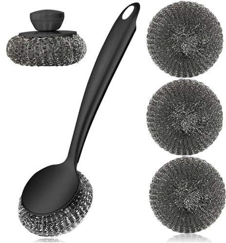 LUMAI Steel Wool Scrubber Dish Brush with Handle, Deep Cleaning Metal Scrubber Set, Steel Scrubber for Dishes, Metal Sponge, Metal Dish Scrubber, Metal Scrubbers for Cleaning Dishes (Black)