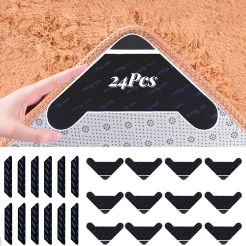 24Stück Teppich Antirutschunterlage, 12 Dreiecke+12 Trapezoide Antirutschmatte für Teppichs, Dreieck Rutschmatte für Teppichunterlage Waschbarer Wiederverwendbarer, Aufkleber Starke Klebrigkeit