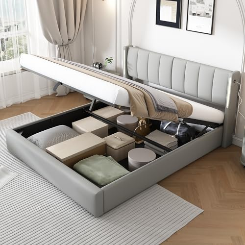 Aoskem Polsterbett Bett 140x200 Doppelbett mit Stauraum, Verstellbares Kopfteil mit LED-Beleuchtung&USB-Buchse, Stauraumbett Bettgestell mit Lattenrost, Rückenlehne Jugendbett, Ohne Matratze, PU Grau
