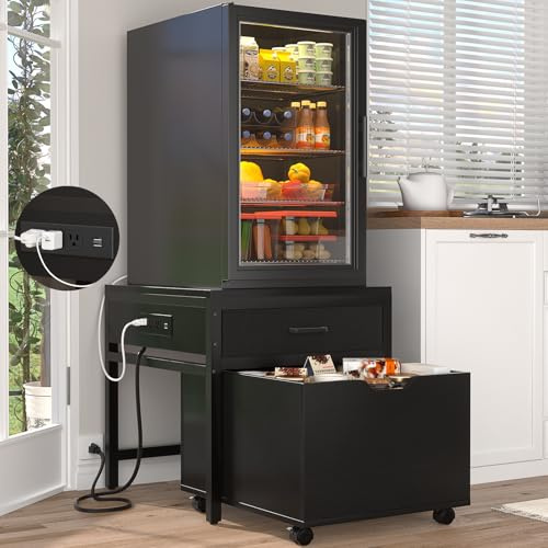 Unikito Mini Fridge Stand with Drawer Storage and Power Outlet, Heavy Duty Mobile Mini Fridge Shelf with Lockable Wheels, Beverage Refrigerator Table Stand, 22.8 L x 21.6 W, Max Load 300 LBS, Black