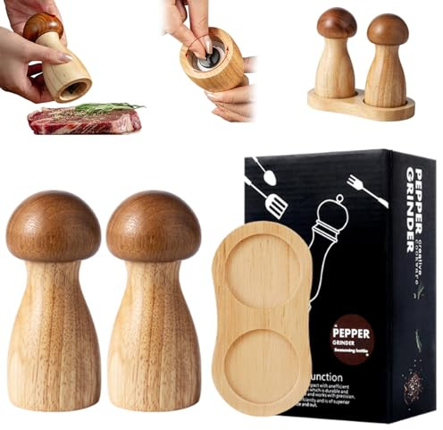 XUEYEGONGJI Set med salt- och pepparkvarn i trä, påfyllningsbar pepparkvarn, grovhet, justerbar salt- och pepparkvarnar med keramisk kärna, svampformad salt och pepparkvarn, set för kök