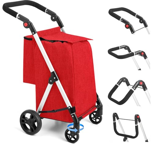 LEUYA ABC Carrito de compras de 4 ruedas, carrito de compras de aluminio de 46 litros con bolsa de refrigeración aislada, mango ajustable, carrito de compras plegable (rojo)