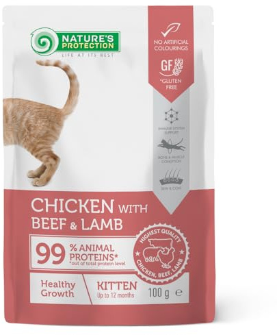 Nature’s Protection Nassfutter für Kitten, Huhn & Rind, 22 x 100 g | Getreidefrei und ohne Zucker, proteinreich, mit Omega-3, Vitaminen und Taurin, für Wachstum, Immunsystem und Sehkraft