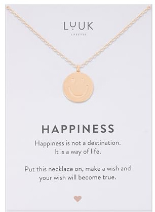 LUUK LIFESTYLE Halskette aus Edelstahl mit Anhänger und HAPPINESS Spruchkarte, Freundschaftskette, Geschenk zum Geburtstag, Damenschmuck, Silber, Gold, Rosé