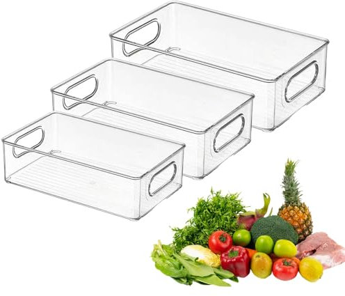 DYUEE 3 Pcs Fridge Storage Organiser, 3 Sizes Reuseable Stackable Storage Boxes Bins Fresh Produce Saver Keepers, Clear Refrigerator Bins with Handles for Kitchen, Pantry, Cabinets, Cosmetics, Drawer