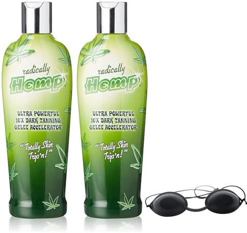Radically Hemp 10X Dark Tanning Accelerator 250ml 2 Pack with Goggles – Indoor Outdoor Gelee with Hemp Seed Oil and Antioxidants for Fast Deep Streak Free Tan and Hydrated Skin