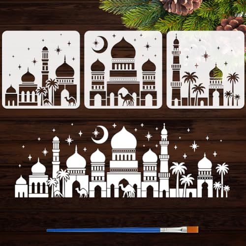 FINGERINSPIRE 3Styles Schablonen Für Religiöse Gebäude Mit Einem Pinsel 30x30cm Moschee Muster Malschablonen Zeichenschablonen Für Islamische Gebäude Kokosnussbaum Kamel Vorlage Für Wanddekoration