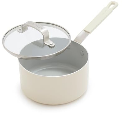 GreenPan x Bobby Flay 1.67QT Nonstick Saucepan with Glass Lid, PFAS-Free Diamond Ceramic, Induction Suitable, Stay-Cool Silicone Handle, Easy Clean Dishwasher & Oven Safe, Chef Pan, Cream