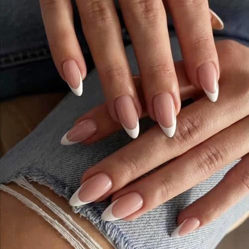 French Tip False Nails - 30pcs Medium Length Fake Nails with Glue - Natural Nude Color Press on Nails - Almond Shape Elegant Full Cover Stick on Nail for Women Girls Daily Wear