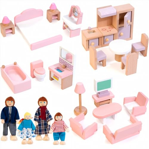 Puppenhaus Möbel Set aus Holz, 26 Teilig Miniatur Puppenhaus Zubehör, Holzmöbel einschließlich Küche Esszimmer Wohnzimmer Schlafzimmer Badezimmer mit 4 Puppen, Geschenk für Jungen Mädchen ab 3 Jahren