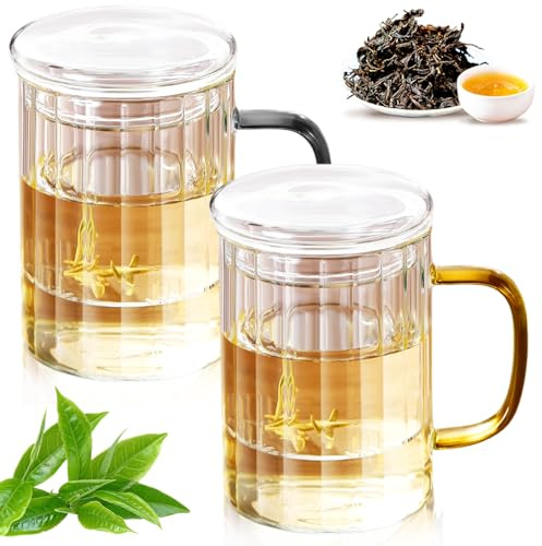 Leikurvo Taza de té con tapa y colador, 2 unidades de 400 ml, vidrio de té resistente al calor con asas de color de vidrio de borosilicato (mango amarillo + mango gris oscuro)