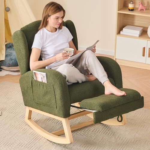 DEKKETO Teddy Stillsessel Schaukelstuhl mit Fußstütze & Seitentasche, Grün