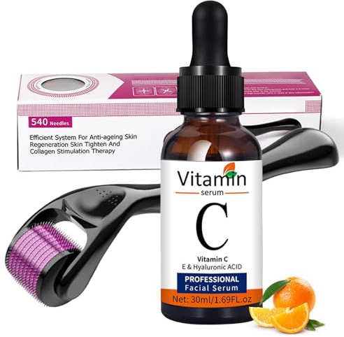 Vitamin C Serum Microneedling Set, Derma Roller 0.5mm mit Vitamin C Serum Gesicht, Pigmentflecken Entferner Gesicht, Micro Infusion System mit Hyaluronsäure Gesichtsserum für Gleichmäßigen Teint