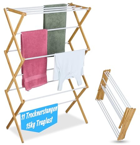 Relaxdays Stendibiancheria Pieghevole, Stendino Verticale Torre, 11 Aste Stendi Panni, 115x73x33cm