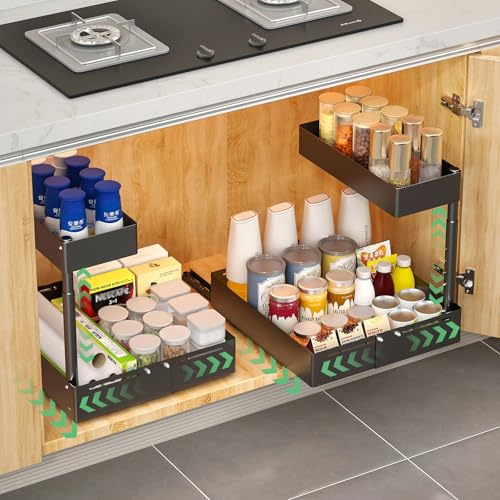 KUOGAS Organisateur de Rangement Sous Évier Cuisine en Métal – Système Extractible et Réglable en Hauteur, Aménagement Universel pour Placard de Cuisine et Salle de Bain (1, Nero) (2, Noir)