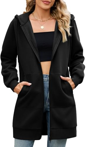 Yuson Girl Sweat à Capuche Femme Longue Sweatshirt Zippé Veste en Coton | Vestes Décontracté Sport, Sweat-Shirt Mi Saison, Coupe-Vent Sweats Y2k avec Poches, Printemps Automne