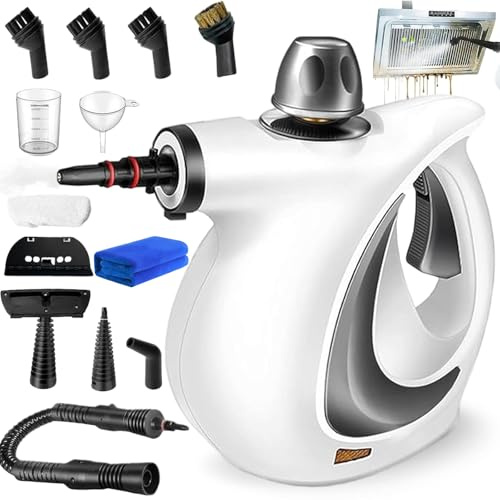Red Hut Dampfreiniger, Dampfreiniger HandgeräT mit Sicherheitsverriegelung, 1050W Steam Cleaner, Red Hut Akku-Dampfreiniger 13 ZubehöR, füR Auto Fenster Fliesen Teppich (White)