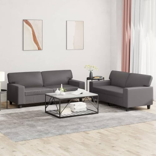 Holamys 2-TLG. Sofagarnitur Grau Kunstleder, 154/174cm Breite, Robustes Metallgestell, Bequeme Wohnzimmer Couch mit Kissen, Langlebige Polstergarnitur für Zuhause