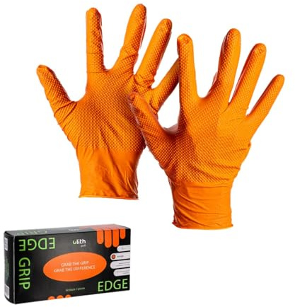 ARLI Edge Grip - Guanti usa e getta in nitrile, taglia XL, colore arancione, 8,5 g, con struttura diamantata, senza polvere, per officina, montaggio industriale, per automotive, 50 pezzi