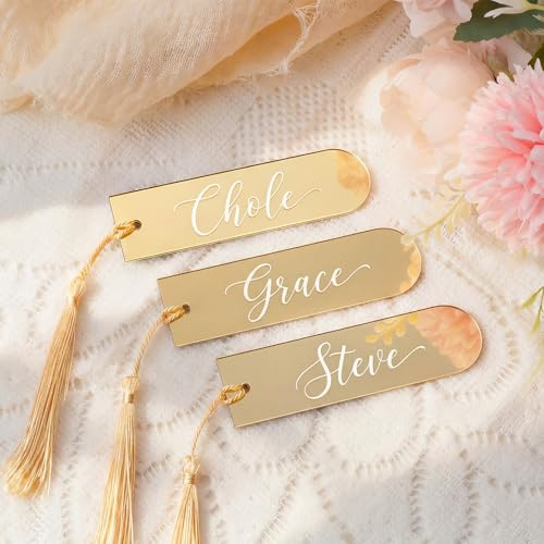 Novabright 48 Pcs Mirror Acrylic Place Cards with Tassels, 3.6 x 1 Inches Name Tags for Table Seating, DIY Blanks Gift Tags for Wedding Table Decor, Birthday, Decoration, Party, Event (Gold)