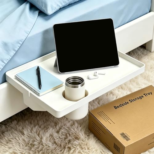 KAGEYMB Mesita de Noche 43x29,5x9,5cm Estante para Mesita de Noche para Colgar en la Cama con Portavasos y Clip Bandeja de Cama Flotante con Guía para Cables, para Cama, Litera con Somier