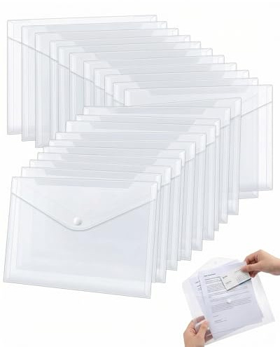 HAPZUR Dokumententasche A6 Transparent 20er Pack | Wasserdicht & Robust PP mit Druckknopf | Ideal für sichere Organisation von Unterlagen in Büro, Schule & Zuhause.