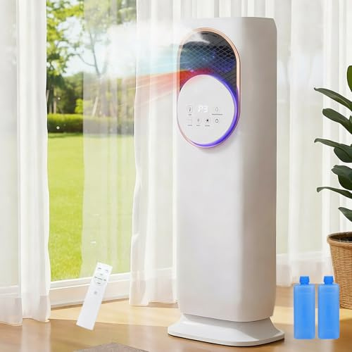 MoraRise Evaporative Air Cooler for Home, 4-in-1 Portable Air Cooler & Tower Fan Heater with 4L Water Tank, 120° Oscillating Cooling Fan with 2 Ice Packs, 12H Timer, Humidifier (White, Round)