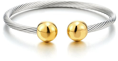 COOLSTEELANDBEYOND Elastische Verstellbare-Edelstahl Magnetische-Armband für Herren Damen Verdrehten Stahlkabel Armreif Gold Silber Poliert