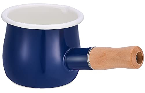 Pan per smalto da latte, mini burro warmer - Casseruola smaltata 10 cm Pan va con manico in legno, misura perfetta per riscaldare porzioni liquide più piccole (blu)…
