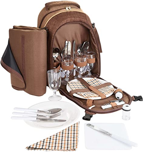 BRUBAKER Picknickrucksack für 4 Personen Braun 28,5 × 42,5 x 19 cm - inkl. Kühlfach + Fleece-Picknickdecke mit wasserfester Unterseite
