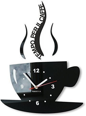 FLEXISTYLE Orologio da Parete da Cucina Tazza LA TAZZINA Tempo per Il caffè Nera Silenzioso Moderno per Bar 3 d Decorativo (Nero)