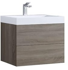StoneArt Badmöbel Set mit Mineralguss Waschbecken und Unterschrank Waschtisch als Einzel- oder Doppelwaschbecken mit Unterschrank ohne Armaturen Brugge BU-0601 Eiche hell 60cm