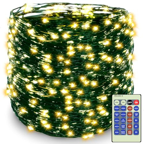 Decute 500LED 164FT Christmas Tree String Lights Green Wire Dimmable with Remote Control, UL Listed Plug in Fairy Starry Lights Decorative for Christmas Tree Party Wedding Indoor Outdoor Warm White