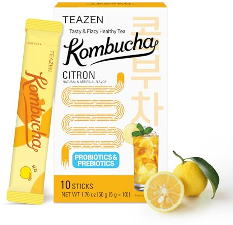 TEAZEN - Kombucha Limone Yuzu - Tè Istantaneo Coreano al Yuzu con Probiotici - 10 Bustine - Senza Zucchero, Vegan, Bassa Caloria - Preparazione per Bevanda Coreana con Prebiotici